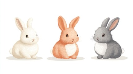 Fototapeta premium Three cute bunnies in white, orange, and gray.