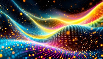 Obraz premium A vibrant abstract image of a colorful wave composed of glowing particles. Dynamic and energetic.