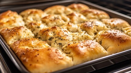 A close-up of a baking sheet with freshly baked garlic bread rolls. The bread is golden brown and has a crispy crust.