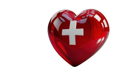 Red Heart with White Cross: Medical Healthcare Symbol, Charity, Donation, Switzerland on white and transparent Background