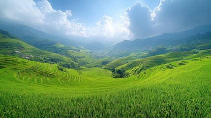 Lush green rice terraces, mountain valley.