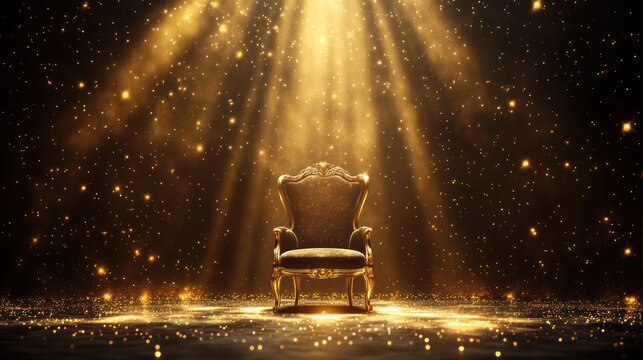 Golden throne in spotlight, glittering stage, award ceremony backdrop