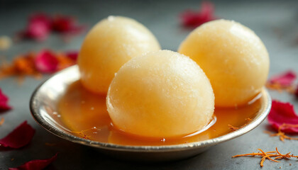 Rasgullas in syrup-filled silver dish, saffron strands, and rose petals in the background