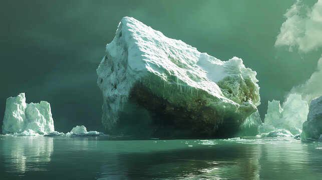 A large ice block sits in the middle of a body of water