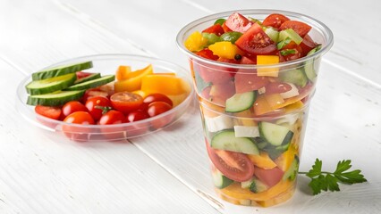 Fresh vegetable salad served in a clear plastic cup, perfect for on the go meals. Enjoy a delicious vegetable salad with all your favorite ingredients in a convenient take away option. 
