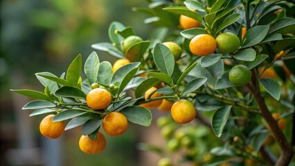 Ornamental bushy tree featuring Calamansi Citrus x microcarpa presents stunning miniature fruits with vibrant yellow orange skin, perfect for enhancing a backyard garden with its unique charm. 
