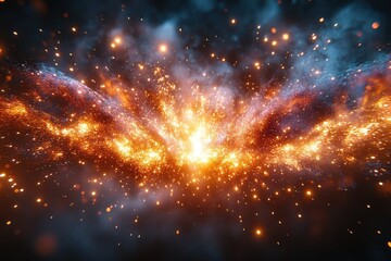 Fototapeta premium Fiery explosion, sparks, glowing embers, dark background.