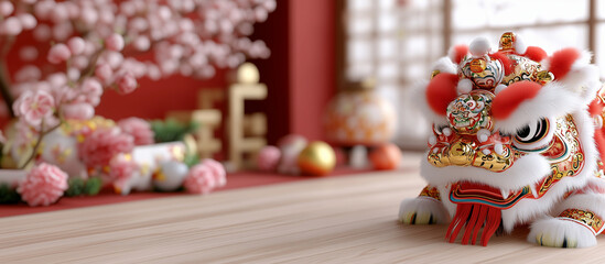 Fototapeta premium Enchanting 2025 Lunar New Year Celebration. Cute Chinese dragon, poster. traditional lion dance head poster for Chinese new year.