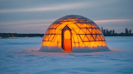 Illuminated geodesic dome on snowy landscape at dusk.