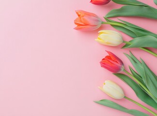 Flat lay of tulips and gift box on a pink background with copy space for text, top view. Flat lay of tulip flowers and gifts isolated on a pastel-colored wall background, a Mother's Day concept. Flat 