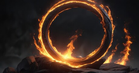 Bright orange flames dance in a stone ring against a black void ,  yellow,  vibrant,  cozy