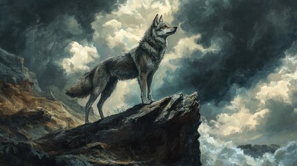 Fototapeta premium Majestic grey wolf standing on a rocky clifftop against a dramatic stormy sky.
