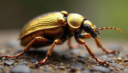 Naklejka premium Close-up of golden scarab beetle's shiny back with intricate details and wings slightly raised , beetle, golden