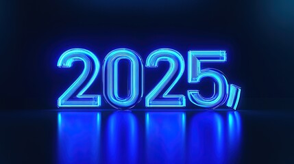 Glowing neon blue 2025 digits on reflective surface.
