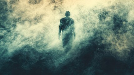 Obraz premium A shadowy figure walks through swirling smoke and mist