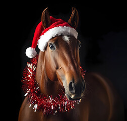 A brown horse wearing a Santa hat and a red ribbon