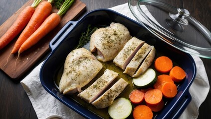 Raw chicken breasts seasoned with herbs, arranged in a glass baking dish with vibrant orange carrots and a marinade of olive oil, capturing the preparation of a healthy and flavorful meal
