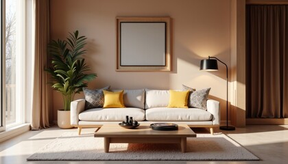 Obraz premium Art deco interior japandi living room with a white sofa, a wooden coffee table, and a large window with curtains.