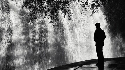 Obraz premium Boy Silhouetted Against a Water Cascade at Night