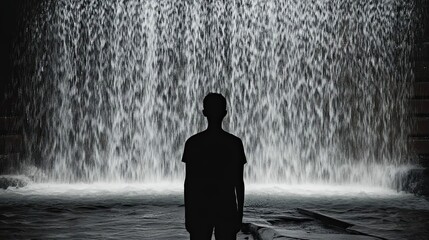 Obraz premium Silhouette of a person before a cascading waterfall