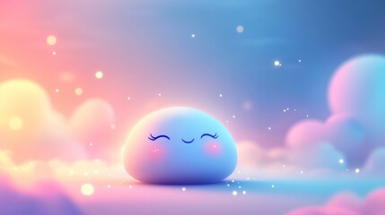 Happy cartoon character in pastel sky.
