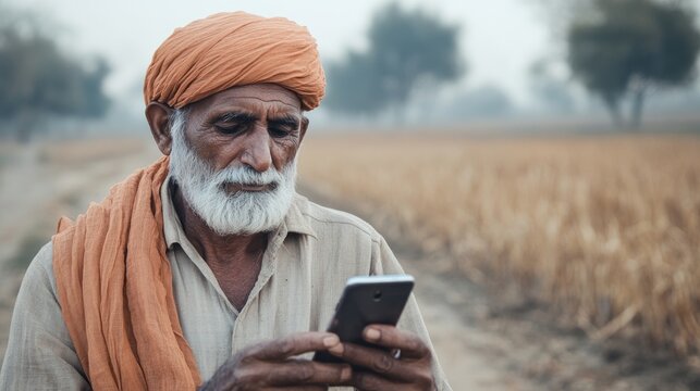 Elderly farmer using smartphone in field.