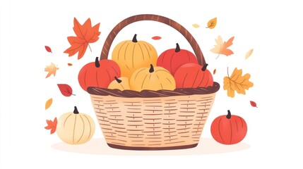 Autumn harvest pumpkins in a wicker basket with fall leaves. (1)
