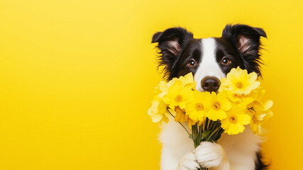 Cute border collie dog holding bouquet of spring yellow Daffodils flowers isolated on yellow background. Valentine's Day, Easter, Birthday, Happy Women's Day, Mother's Day concept. Banner, copy space