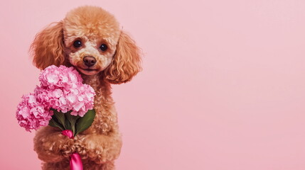 Cute brown poodle dog holding bouquet of spring flowers isolated on pink background. Valentine&rsquo;s day or Mother&rsquo;s day concept. Banner, copy space	
