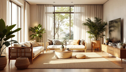 Modern japandi living room with large windows, wooden furniture, and various plants.