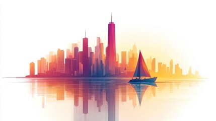 Obraz premium Cityscape sunrise with sailboat.