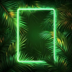 Obraz premium Neon green rectangular frame on a dark background of palm leaves.