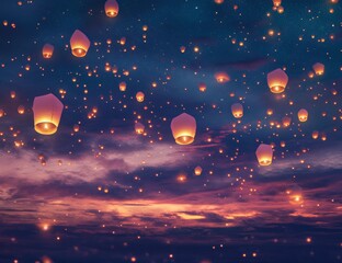 In the sky, glowing lanterns float gently in an array of colors against the twilight hues. A mesmerizing display with warm lights illuminating the night as they rise into the heavens.