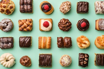 Assorted Delicious Pastries Arranged On A Mint Green Background