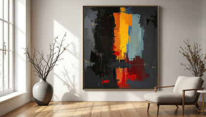 A large abstract painting on the wall of a room with a white chair and a vase of branches.