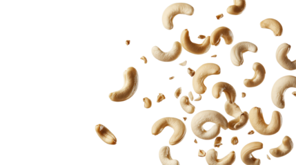 Cashews falling  on white and transparent Background food photography for packaging design and culinary websites