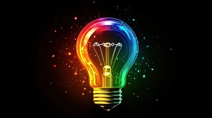 Colorful lightbulb radiating energy, sparks, and innovation.