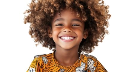 A  kid smilig with curly hairs isolated on white background