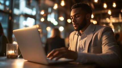 Young Black man works on laptop in dimly lit cafe.