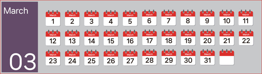 Vector (Illustration) of March calendar made with numbers in the shape of icons
