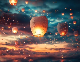 In the sky, glowing lanterns float gently in an array of colors against the twilight hues. A mesmerizing display with warm lights illuminating the night as they rise into the heavens.