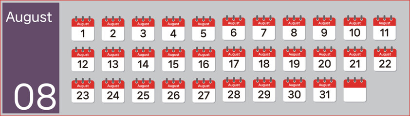 Vector (Illustration) of August calendar made with numbers in the shape of icons
