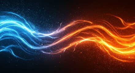 Fiery Ice Abstract: A mesmerizing digital art piece depicting intertwining streams of vibrant blue and fiery orange energy, creating a captivating visual of contrasting elements.
