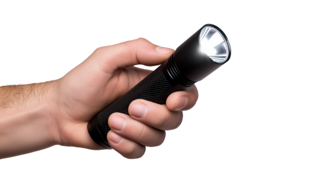 Close-up of a Man's Hand Holding a Bright LED Flashlight in the Dark, Ideal for Safety, Security, and Emergency Concepts on white and transparent Background