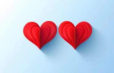 paper-cut red hearts on a light blue background, in a flat lay, top view, with copy space for a Happy Valentine's Day greeting card design. Vector illustration of simple, minimalistic origami-style