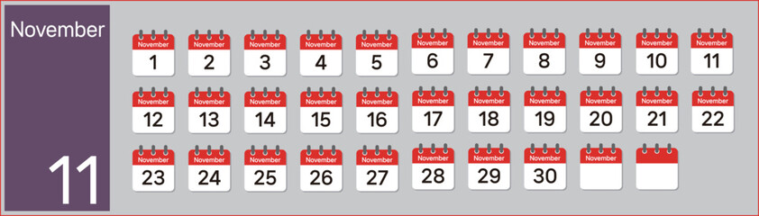 Vector (Illustration) of November calendar made with numbers in the shape of icons
