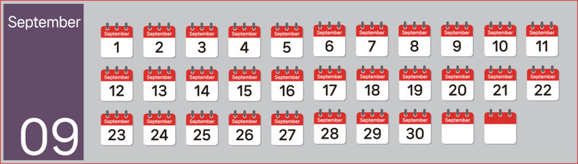 Vector (Illustration) of September calendar made with numbers in the shape of icons
