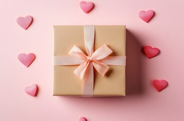 Photo of a gift box with ribbon and small hearts on a pink background, top view. Flat lay composition for a Valentine's Day celebration. Space for text in the center. Copy space. High quality.