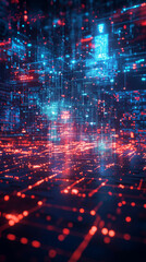 Obraz premium Futuristic digital landscape with neon lights and data streams