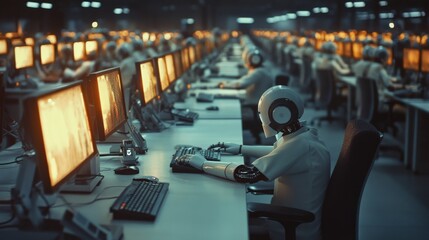 Obraz premium Rows of humanoid robots diligently work at computers in an endless, futuristic office space, glowing with warm light.